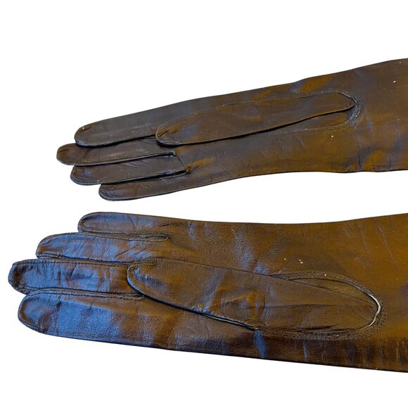 Vintage 60's FRANCE Black Kid Leather Opera Elbow Length Gloves France 6.5 NEW - Picture 6 of 9